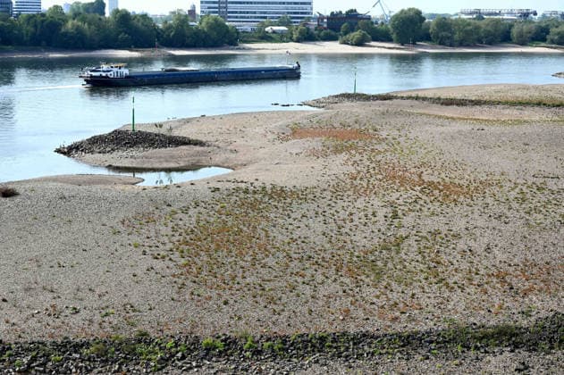 Das Niedrigwasser im Rhein hat eine grosse Sandbank freigelegt, Steine und Sand am Ufer, gesehen von der Rheinkniebruecke, ein Frachtschiff faehrt in der Fahrrinne, Niedrigwasser im Rhein bei Duesseldorf, Duesseldorf am 28.09.2026,