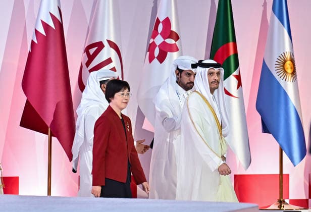 Opening ceremony of the 11th annual meeting of the Asian Infrastructure Investment Bank (AIIB) in Doha Prime Minister and Foreign Minister of the State of Qatar Sheikh Mohammed bin Abdulrahman bin Jassim Al Thani (R) and Asian Infrastructure Investment Bank (AIIB) President and Chair of the Board of Directors Zou Jiayi arrive at the venue for the opening ceremony of the 11th Annual Meeting of the Board of Governors of the Asian Infrastructure Investment Bank (AIIB) in Doha,Qatar on September 28, 2026 DOHA Qatar Copyright: xNOUSHADx