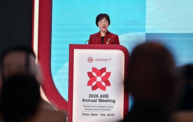 Opening ceremony of the 11th annual meeting of the Asian Infrastructure Investment Bank (AIIB) in Doha Asian Infrastructure Investment Bank (AIIB) President and Chair of the Board of Directors Zou Jiayi speaks during the opening ceremony of the 11th Annual Meeting of the Board of Governors of the Asian Infrastructure Investment Bank (AIIB) in Doha,Qatar on September 28, 2026 DOHA Qatar Copyright: xNOUSHADx