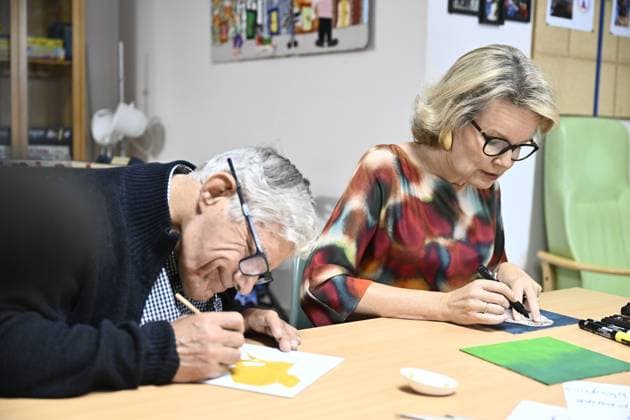 Queen Mathilde of Belgium pictured during a visit to the non-profit organization Le Bercail, a residential and outpatient care centre for adults with an intellectual disability, on Tuesday 29 September 2026, part of a visit to Liege of the Belgian Royals.  ERICxLALMAND 188179782