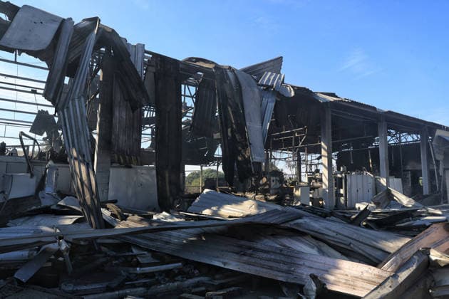 A civilian industrial facility producing plastic tableware is damaged by a fire caused by a nighttime Russian drone strike in the Odesa region, Ukraine, September 29, 2026. (Photo by Nina Liashonok Ukrinform) Manufacturing plant burns down in Odesa region due to Russian drone attack  Copyright: xNinaxLiashonokx