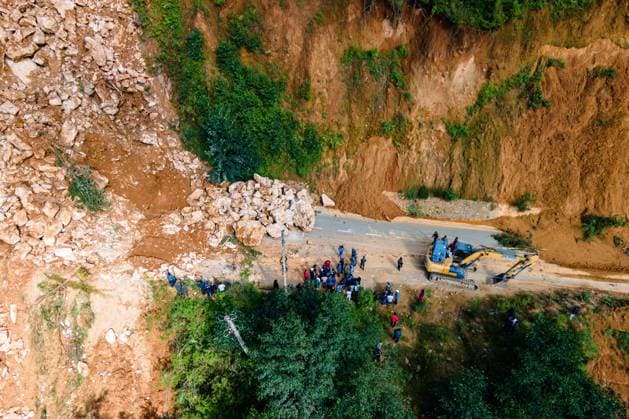 September 29, 2026, Lalitpur, Bagmati, Nepal: LALITPUR, NEPAL, SEPTEMBER 29, 2026: An aerial view shows a landslide blocking the Tikabhairab section of the Kanti Highway in Lalitpur following heavy rainfall. The landslide covered the roadway with mud and debris, disrupting traffic along the route. Lalitpur Nepal  - ZUMAq101 20260929_zna_q101_079 Copyright: xAmbirxTolangx