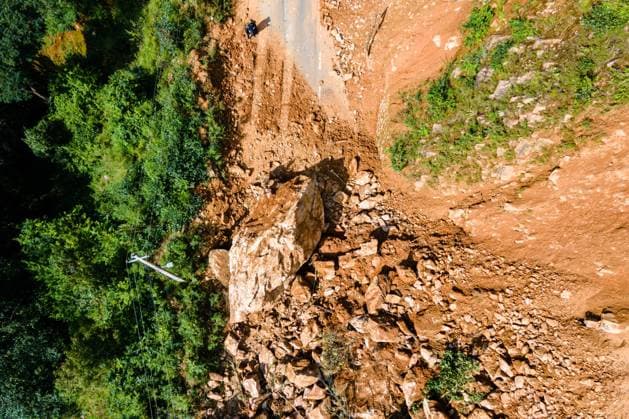 September 29, 2026, Lalitpur, Bagmati, Nepal: LALITPUR, NEPAL, SEPTEMBER 29, 2026: An aerial view shows a landslide blocking the Tikabhairab section of the Kanti Highway in Lalitpur following heavy rainfall. The landslide covered the roadway with mud and debris, disrupting traffic along the route. Lalitpur Nepal  - ZUMAq101 20260929_zna_q101_082 Copyright: xAmbirxTolangx