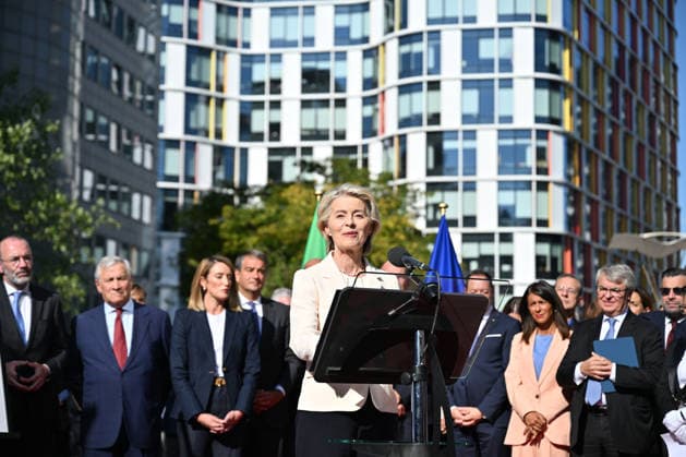 Inauguration of David Maria Sassoli Building in Brussels BRUSSELS, BELGIUM - SEPTEMBER 29: European Commission President Ursula von der Leyen delivers a speech at the podium during the inauguration ceremony of the European Parliament building named after former EP President David Maria Sassoli in Brussels, Belgium on September 29, 2026. Dursun Aydemir Anadolu Brussels Belgium. Editorial use only. Please get in touch for any other usage.  Copyright: x2026xAnadoluxDursunxAydemirx