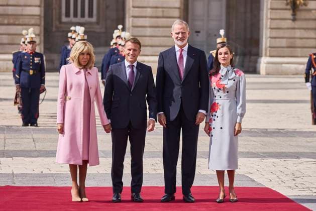 Spanish King Felipe VI and Queen Letizia with France President Emmanuel Macron and wife Brigitte Macron during a official ceremony for France President on occasion his official visit to Spain in RoyalPalace in Madrid on Tuesday, 29 September 2026. Cordon Press 