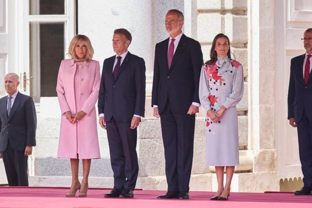 Spanish King Felipe VI and Queen Letizia with France President Emmanuel Macron and wife Brigitte Macron during a official ceremony for France President on occasion his official visit to Spain in RoyalPalace in Madrid on Tuesday, 29 September 2026. Cordon Press 