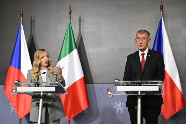 From left Italian Prime Minister Giorgia Meloni and Czech Prime Minister Andrej Babis during the press conference after their meeting, on September 29, 2026, in Prague, Czech Republic. (CTKxPhoto RomanxVondrous) CTKPhotoP2026092908060  CTKPhotoP2026092908060