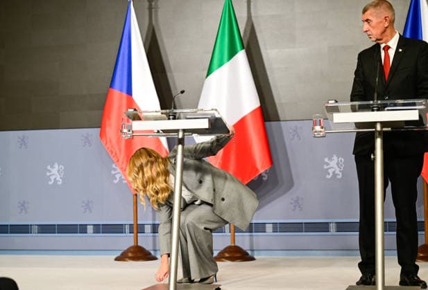 From left Italian Prime Minister Giorgia Meloni and Czech Prime Minister Andrej Babis during the press conference after their meeting, on September 29, 2026, in Prague, Czech Republic. (CTKxPhoto RomanxVondrous) CTKPhotoP2026092908235  CTKPhotoP2026092908235