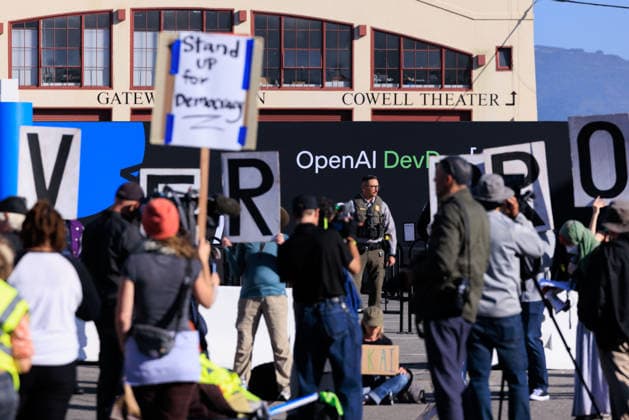 OpenAI DevDay Demonstration in San Francisco SAN FRANCISCO, UNITED STATES - SEPTEMBER 29: Demonstrators gather outside OpenAI DevDay at Fort Mason to call on OpenAI and its CEO Sam Altman to end contracts with the U.S. Military and Immigration and Customs Enforcement, in San Francisco, United States on September 29, 2026. Nikolas Liepins Anadolu San Francisco United States. Editorial use only. Please get in touch for any other usage.  Copyright: x2026xAnadoluxNikolasxLiepinsx