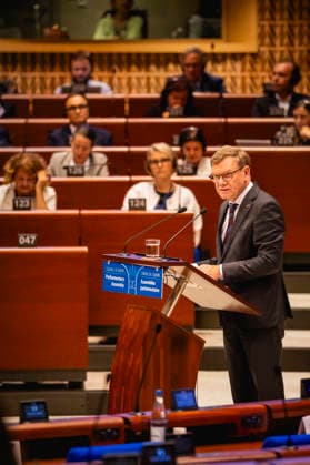 Johann Wadephul (CDU), Bundesaussenminister, aufgenommen im Rahmen seiner Rede im Europarat in Strassburg, 29.09.2026. Fotografiert im Auftrag des Auswaertigen Amtes Strassburg Frankreich Copyright: xJulianexSonntagx