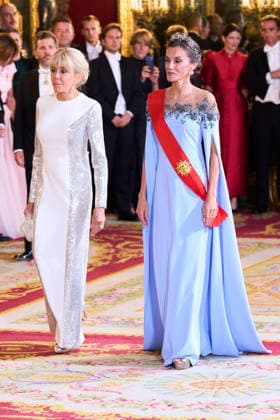 29-09-2026 Gala Queen Letizia and King Felipe with Emmanuel Macron and Brigitte Macron pose before the galadinner at the royal palace in Madrid on the 1st day of the 2 day statevisit to Spain. No Spain Â  Copyright: xPPEx