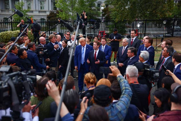 Facebook and Meta CEO Mark Zuckerberg speaks to reporters after a meeting on super intelligence with tech executives at the White House on Tuesday, September 29, 2026 in Washington, D.C. President Donald Trump, Nvidia CEO Jensen Huang and House Speaker Mike Johnson, R-LA, also attended.  WAX20260929901 TierneyxL.xCross