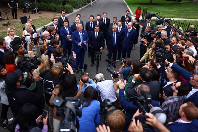 President Donald Trump speaks to reporters after a meeting on super intelligence with tech executives at the White House on Tuesday, September 29, 2026 in Washington, D.C. Meta CEO Mark Zuckerberg, Nvidia CEO Jensen Huang and House Speaker Mike Johnson, R-LA, also attended.  WAX20260929902 TierneyxL.xCross