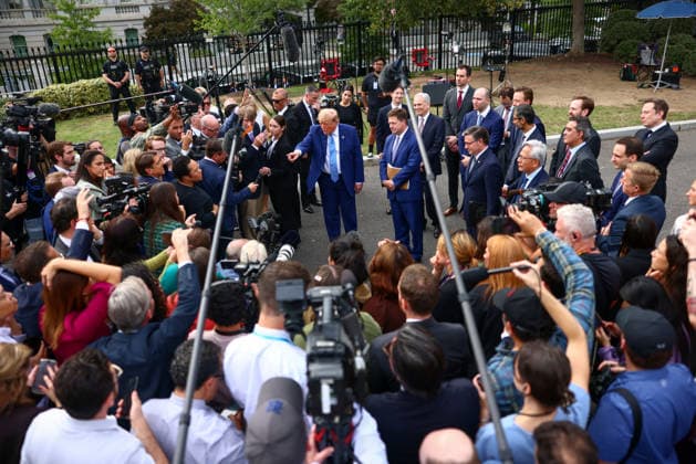 President Donald Trump speaks to reporters after a meeting on super intelligence with tech executives at the White House on Tuesday, September 29, 2026 in Washington, D.C. Meta CEO Mark Zuckerberg, Nvidia CEO Jensen Huang and House Speaker Mike Johnson, R-LA, also attended.  WAX20260929904 TierneyxL.xCross