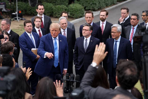 President Donald Trump speaks to reporters after a meeting on super intelligence with tech executives at the White House on Tuesday, September 29, 2026 in Washington, D.C. Meta CEO Mark Zuckerberg, Nvidia CEO Jensen Huang and House Speaker Mike Johnson, R-LA, also attended.  WAX20260929906 TierneyxL.xCross