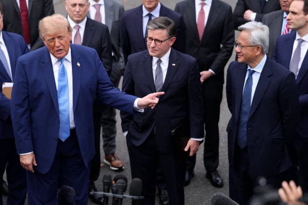President Donald Trump speaks to reporters after a meeting on super intelligence with tech executives at the White House on Tuesday, September 29, 2026 in Washington, D.C. Meta CEO Mark Zuckerberg, Nvidia CEO Jensen Huang and House Speaker Mike Johnson, R-LA, also attended.  WAX20260929909 TierneyxL.xCross