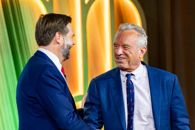 Vice President JD Vance and Secretary of Health and Human Services Robert F. Kennedy, Jr. shake hands during the 2026 MAHA Summit at the Waldorf Astoria Hotel in Washington, DC on Tuesday, September 29, 2026. Leaders from government, healthcare, science, technology, agriculture, and business gathered to discuss challenges, opportunities, and approaches to improving health across the United States.  WAP20260929152 BONNIExCASH
