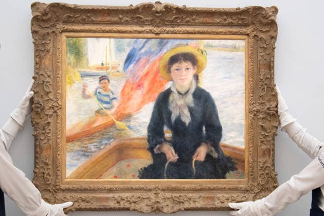 Sotheby s Highlights from the Blaquier-Arrieta Collection Sale at Sotheby s, London Art handlers hold En Canot (Jeune fille a la barque) by Pierre-Auguste Renoir (est. $25m - $35m USD) as part of Sotheby s Highlights from the Blaquier-Arrieta Collection Sale which is to go on public view from 30th September - 1st October before being travelling to Taipei, Hong Kong and Paris ahead of the sale in New York on 18th November 2026 at Sotheby s, London, England, UK on Wednesday 30 September, 2026., Credit:Justin Ng Avalon UK, England, London, Sotheby s  Copyright: xJustinxNgx xAvalonx 1139440690