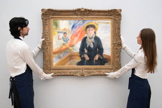 Sotheby s Highlights from the Blaquier-Arrieta Collection Sale at Sotheby s, London Art handlers hold En Canot (Jeune fille a la barque) by Pierre-Auguste Renoir (est. $25m - $35m USD) as part of Sotheby s Highlights from the Blaquier-Arrieta Collection Sale which is to go on public view from 30th September - 1st October before being travelling to Taipei, Hong Kong and Paris ahead of the sale in New York on 18th November 2026 at Sotheby s, London, England, UK on Wednesday 30 September, 2026., Credit:Justin Ng Avalon UK, England, London, Sotheby s  Copyright: xJustinxNgx xAvalonx 1139440699