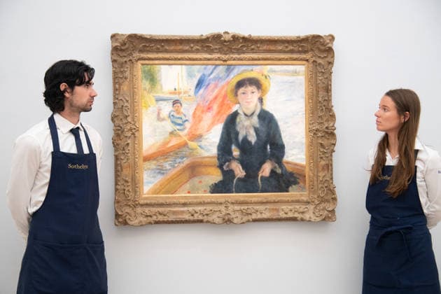 Sotheby s Highlights from the Blaquier-Arrieta Collection Sale at Sotheby s, London Art handlers hold En Canot (Jeune fille a la barque) by Pierre-Auguste Renoir (est. $25m - $35m USD) as part of Sotheby s Highlights from the Blaquier-Arrieta Collection Sale which is to go on public view from 30th September - 1st October before being travelling to Taipei, Hong Kong and Paris ahead of the sale in New York on 18th November 2026 at Sotheby s, London, England, UK on Wednesday 30 September, 2026., Credit:Justin Ng Avalon UK, England, London, Sotheby s  Copyright: xJustinxNgx xAvalonx 1139440703