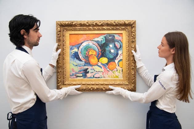 Sotheby s Highlights from the Blaquier-Arrieta Collection Sale at Sotheby s, London Art handlers hold Nature morte a la cruche bleue by Maurice de Vlaminck (est. $2m-$3m USD) as part of Sotheby s Highlights from the Blaquier-Arrieta Collection Sale which is to go on public view from 30th September - 1st October before being travelling to Taipei, Hong Kong and Paris ahead of the sale in New York on 18th November 2026 at Sotheby s, London, England, UK on Wednesday 30 September, 2026., Credit:Justin Ng Avalon UK, England, London, Sotheby s  Copyright: xJustinxNgx xAvalonx 1139440714