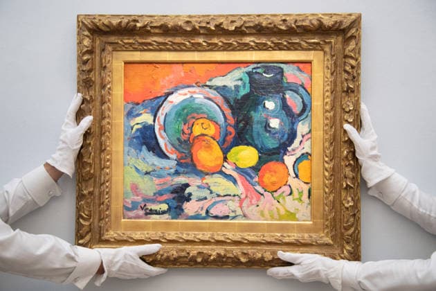 Sotheby s Highlights from the Blaquier-Arrieta Collection Sale at Sotheby s, London Art handlers hold Nature morte a la cruche bleue by Maurice de Vlaminck (est. $2m-$3m USD) as part of Sotheby s Highlights from the Blaquier-Arrieta Collection Sale which is to go on public view from 30th September - 1st October before being travelling to Taipei, Hong Kong and Paris ahead of the sale in New York on 18th November 2026 at Sotheby s, London, England, UK on Wednesday 30 September, 2026., Credit:Justin Ng Avalon UK, England, London, Sotheby s  Copyright: xJustinxNgx xAvalonx 1139440732