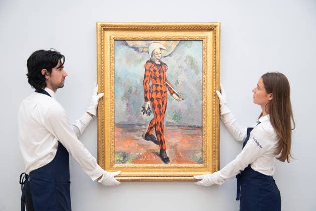 Sotheby s Highlights from the Blaquier-Arrieta Collection Sale at Sotheby s, London Art handlers hold Arlequin by Paul Cezanne (est. in the region of $120m) as part of Sotheby s Highlights from the Blaquier-Arrieta Collection Sale which is to go on public view from 30th September - 1st October before being travelling to Taipei, Hong Kong and Paris ahead of the sale in New York on 18th November 2026 at Sotheby s, London, England, UK on Wednesday 30 September, 2026., Credit:Justin Ng Avalon UK, England, London, Sotheby s  Copyright: xJustinxNgx xAvalonx 1139440755