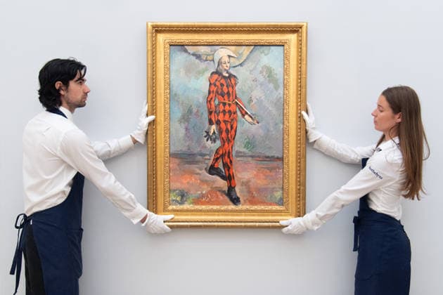 Sotheby s Highlights from the Blaquier-Arrieta Collection Sale at Sotheby s, London Art handlers hold Arlequin by Paul Cezanne (est. in the region of $120m) as part of Sotheby s Highlights from the Blaquier-Arrieta Collection Sale which is to go on public view from 30th September - 1st October before being travelling to Taipei, Hong Kong and Paris ahead of the sale in New York on 18th November 2026 at Sotheby s, London, England, UK on Wednesday 30 September, 2026., Credit:Justin Ng Avalon UK, England, London, Sotheby s  Copyright: xJustinxNgx xAvalonx 1139440770