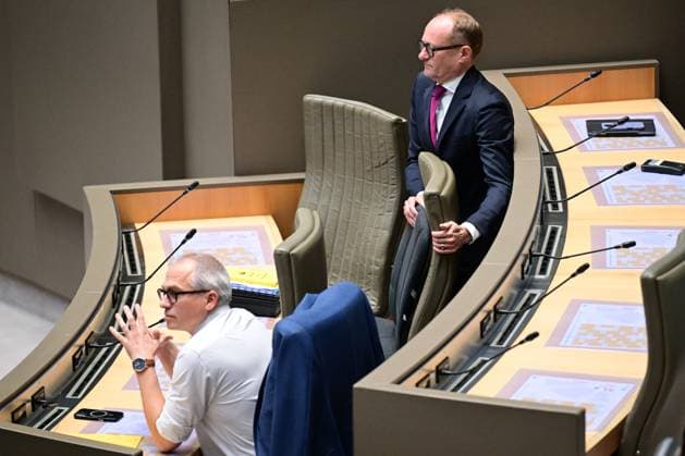Flemish Minister-President Matthias Diependaele and Flemish Minister for Finance and Budget Ben Weyts pictured during a plenary session of the Flemish Parliament to present the Septemberverklaring (September Declaration), Wednesday 30 September 2026, in Brussels. In this traditional speech the Flemish Minister-President presents the Government s policy plans for the year.  DIRKxWAEM 188340950