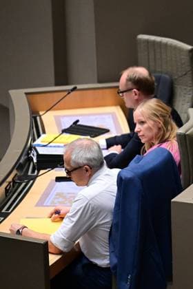Flemish Minister-President Matthias Diependaele; Flemish Minister for Housing and Energy Melissa Depraetere and Flemish Minister for Finance and Budget Ben Weyts pictured during a plenary session of the Flemish Parliament to present the Septemberverklaring (September Declaration), Wednesday 30 September 2026, in Brussels. In this traditional speech the Flemish Minister-President presents the Government s policy plans for the year.  DIRKxWAEM 188340957
