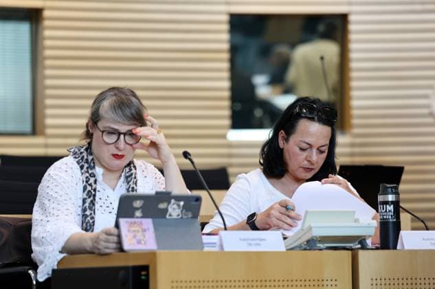 Thueringer Landtag - Justizausschuss 30.09.2026, Erfurt, Thueringer Landtag, Justizausschuss, Muendliche Anhoerung zum Antrag der Fraktion Die Linke: Einleitung eines Parteiverbotsverfahrens gegen die AfD im Bild: Ulrike Grosse-Roethig (Die LINKE) und Katharina Koenig-Preuss (Die LINKE)