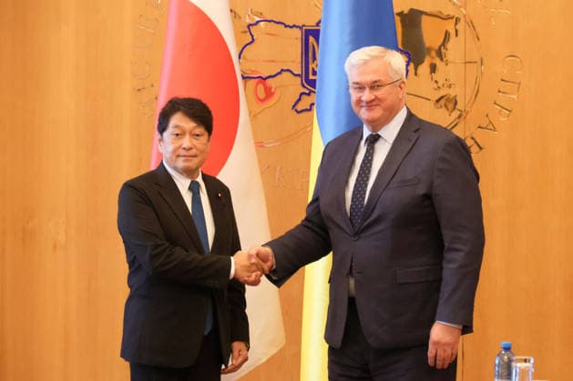 Ukrainian Minister of Foreign Affairs Andrii Sybiha (R) shakes hands with former Japanese Minister of Defence and member of the House of Representatives in Japan’s National Diet, Itsunori Onodera, who heads a delegation of representatives of the Liberal Democratic Party in Japan’s National Diet, during a meeting at the Ukrainian Foreign Ministry building in Kyiv, Ukraine, September 30, 2026.(Photo by Pavlo Bahmut Ukrinform) Ukrainian Foreign Minister meets Japanese parliamentary delegation in Kyiv  Copyright: xPavloxBahmutx