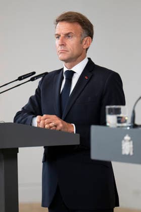 September 30, 2026, Madrid, Spain: President of the French Republic Emmanuel Macron meets with Spanish Prime Minister Pedro Sanchez (not in view) during a joint press conference at the Moncloa Palace in Madrid. Madrid Spain - ZUMAs197 20260930_aaa_s197_118 Copyright: xAtilanoxGarciax