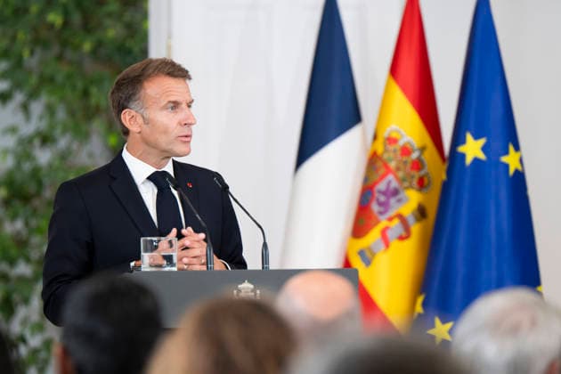 September 30, 2026, Madrid, Spain: President of the French Republic Emmanuel Macron meets with Spanish Prime Minister Pedro Sanchez (not in view) during a joint press conference at the Moncloa Palace in Madrid. Madrid Spain - ZUMAs197 20260930_aaa_s197_137 Copyright: xAtilanoxGarciax