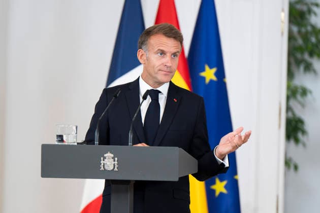 September 30, 2026, Madrid, Spain: President of the French Republic Emmanuel Macron meets with Spanish Prime Minister Pedro Sanchez (not in view) during a joint press conference at the Moncloa Palace in Madrid. Madrid Spain - ZUMAs197 20260930_aaa_s197_144 Copyright: xAtilanoxGarciax