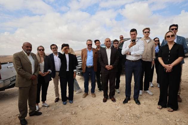 European diplomats visit Masafer Yatta MASAFER YATTA, OCCUPIED WEST BANK, SEPTEMBER 30, 2026: Members of a European diplomatic delegation visit Al-Fakhit in Masafer Yatta, south of Hebron, to inspect the aftermath of Israeli demolitions carried out on September 8. Diplomats stood near demolished homes and visited Al-Fakhit School, which faces a demolition threat, before travelling to Al-Rafaiya School, which is also under threat of demolition. MASAFER YATTA Palestine, State of Copyright: x xMosabxshawerx xJNAxPressx