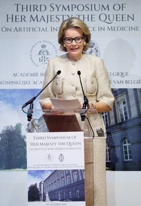 Queen Mathilde of Belgium delivers a speech at a visit to the third Her Majesty the Queen s Symposium , entitled AI in the healthcare sector , organized by the Royal Academies of Medicine of Belgium in the Palace of the Academies in Brussels, Thursday 1 October 2026.  BENOITxDOPPAGNE 188424567