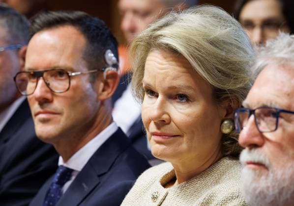 Queen Mathilde of Belgium and Minister for Consumer Protection, Social Fraud and Equal Opportunities Rob Beenders pictured during a visit to the third Her Majesty the Queen s Symposium , entitled AI in the healthcare sector , organized by the Royal Academies of Medicine of Belgium in the Palace of the Academies in Brussels, Thursday 1 October 2026.  BENOITxDOPPAGNE 188425577