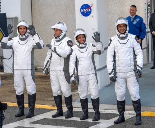 NASA s Crew-13 Astronaut Jessica Watkins, commander(2nd R), Astronaut Luke Delaney, pilot, and Mission Specialists Joshua Kutryk (L) of the Canadian Space Agency and Sergey Teteryatnikov of Roscosmos (R) walk out of the operations building on their way to board as Dragon Spacecraft atop a SpaceX Falcon 9 rocket on SLC-40 at Kennedy Space Center, Florida on Thursday, October 1, 2026. They are on their way to the International Space Station.  KSC2026100103 PATxBENIC