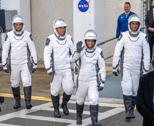 NASA s Crew-13 Astronaut Jessica Watkins, commander(2nd R), Astronaut Luke Delaney , pilot and Mission Specialists Joshua Kutryk (L) of the Canadian Space Agency and Sergey Teteryatnikov of Roscosmos (R) walk out of the operations building on their way to board as Dragon Spacecraft atop a SpaceX Falcon 9 rocket on SLC-40 at Kennedy Space Center, Florida on Thursday, October 1, 2026. They are on their way to the International Space Station.  KSC2026100104 PATxBENIC