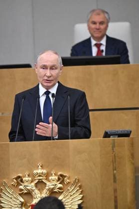 Moscow. The first session of the State Duma of the Russian Federation of the ninth convocation. Russian President Vladimir Putin speaks at the session. KomsomolskayaxPravda