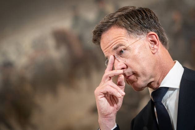 Mark Rutte, NATO-Generalsekretär, während der Abschlussstatements;Treffen Bundeskanzler, Premierminister der Niederlande und NATO-Generalsekretär beim 1. Deutsch-Niederländischen Corps in Münster, Münster Nordrhein-Westfalen Deutschland Deutsch-Niederländische Corps