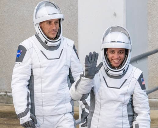 NASA s Crew-13 Astronaut Jessica Watkins, commander (R) and Astronaut Luke Delaney, pilot, walk out of the operations building on their way to board as Dragon Spacecraft atop a SpaceX Falcon 9 rocket on SLC-40 at Kennedy Space Center, Florida on Thursday, October 1, 2026. They are on their way to the International Space Station.  KSC2026100114 PATxBENIC