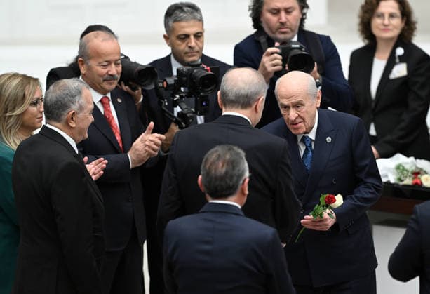 Turkish President Recep Tayyip Erdogan ANKARA, TURKIYE - OCTOBER 1: Turkish President Recep Tayyip Erdogan receives red and white rose from Leader of the Nationalist Movement Party (MHP) Devlet Bahceli (R) during the Opening Event of the 5th Legislative Year of the 28th Term of the Grand National Assembly of Turkiye (GNAT), in Ankara, Turkiye on October 1, 2026. Rasit Aydogan Anadolu Ankara Turkey. Editorial use only. Please get in touch for any other usage.  Copyright: x2026xAnadoluxRasitxAydoganx