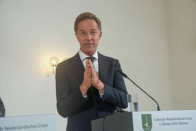 Treffen des Bundeskanzlers mit dem Premierminister der Niederlande und dem NATO-Generalsekretär beim 1. Deutsch-Niederländischen Corps Begegnung mit der Presse. Mark Rutte, NATO-Generalsekretär. Münster, Nordrhein-Westfalen, DEU, Deutschland, 01.10.2026