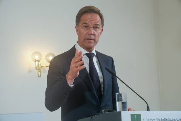 Treffen des Bundeskanzlers mit dem Premierminister der Niederlande und dem NATO-Generalsekretär beim 1. Deutsch-Niederländischen Corps Begegnung mit der Presse. Mark Rutte, NATO-Generalsekretär. Münster, Nordrhein-Westfalen, DEU, Deutschland, 01.10.2026