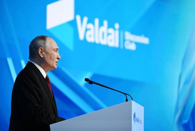 Russia Putin Valdai Discussion Club 9255499 01.10.2026 Russian President Vladimir Putin delivers a speech during a plenary session of the 23rd annual meeting of the Valdai International Discussion Club in Istra, Moscow Region, Russia. Kristina Solovyova Sputnik Moscow Russia  Copyright: xKristinaxSolovyovax