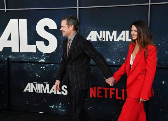Matt Damon and his wife Luciana Damon attend the premiere of Netflix s political and psychological thriller Animals at the Westwood Village Theater in Los Angeles on Thursday, October 1, 2026. Storyline: Desperate to pay their son s ransom, a mayoral candidate and his wife resort to extreme measures, revealing dark secrets they never intended to bring to light.  LAP2026100140 JIMxRUYMEN