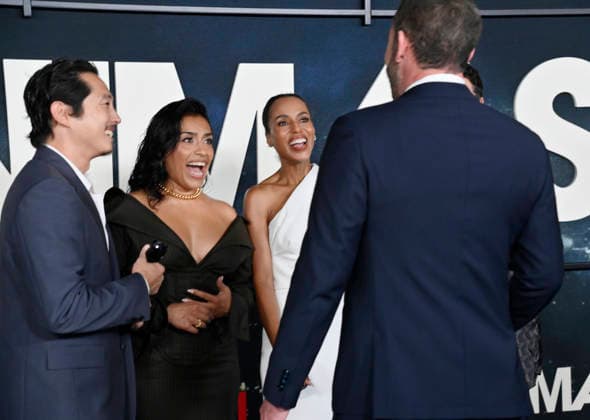 (L-R) Steven Yeun, Adriana Paz, Kerry Washington and Ben Affleck share a light moment during the premiere of Netflix s political and psychological thriller Animals at the Westwood Village Theater in Los Angeles on Thursday, October 1, 2026. Storyline: Desperate to pay their son s ransom, a mayoral candidate and his wife resort to extreme measures, revealing dark secrets they never intended to bring to light.  LAP2026100145 JIMxRUYMEN