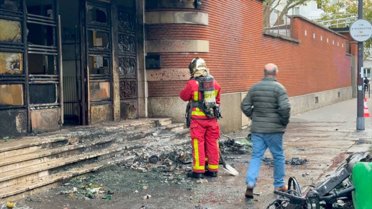 School Facade Burned During Student Blockade - Paris Videograbs - Firefighters work at the scene following an early morning blaze that damaged the facade of Gaston-Bachelard High School in the 13th arrondissement. The incident occurred as nationwide student blockades forced the closure of more than 400 high schools amid mounting political and security tensions. Paris, France, October 2, 2026. Photo by CLPRESS ABACAPRESS.COM Paris Ile-de-France France  Copyright: xCLPRESS ABACAx